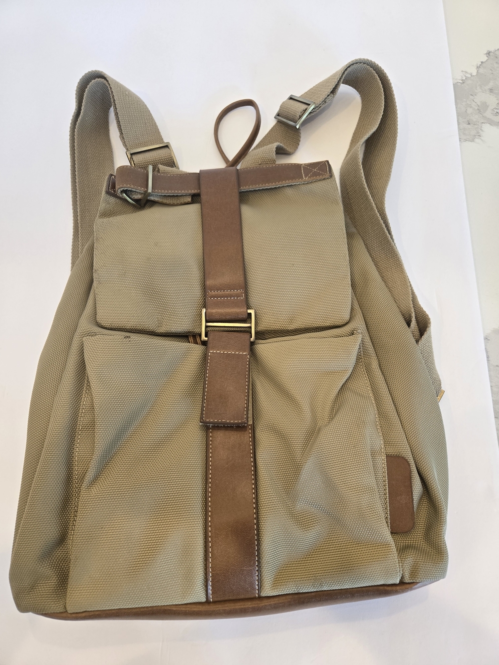 Khaki Canvas Backpack with Brown Trim for Women